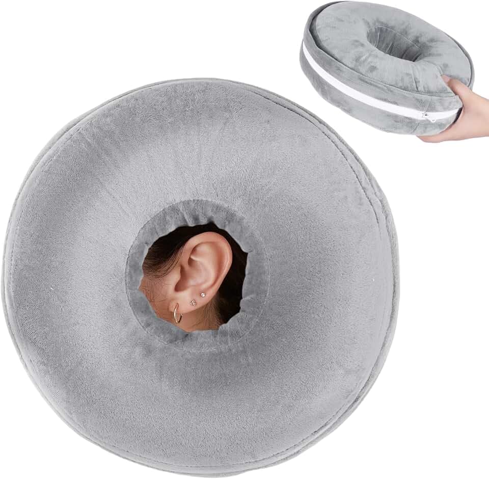 Winmany Ohrpiercing-Kissen mit abnehmbarem Plüsch-Kissenbezug für Seitenschläfer, kreisförmiges Donut-Kissen für Ohrenschutz, Schmerzlinderung, waschbar (Hellgrau, Standard)