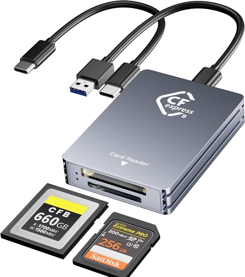 Cfexpress Type B and SD Card Reader for SD Micro SD UHS-II & UHS-I Card SDXC SDHC, 10Gpbs Cf Express Type B Memory Card Reader with USB C to USB A Cable, Photo & Video Offload