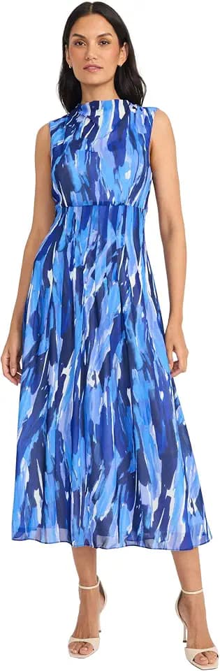 Maggy London Women's Women's Empire Waist Mock Neck Sleeveless Midi - Flowy Semi Sheer Lined A-line Wedding Guest Dress