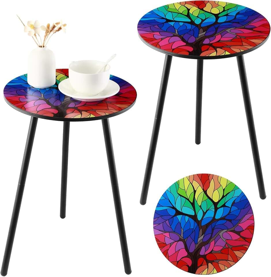 Outdoor Side Table Set of 2 Patio Side Tables for Outside Black End Tables Small Outdoor Table Round Patio End Table Metal Side Table Outside, Indoor, Bedroom, Living Room, Small Spaces, Rainbow Tree