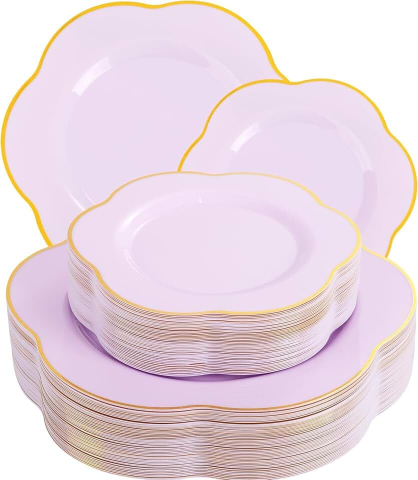 Liacere 50PCS Purple Plastic Plates-Heavy Duty Lavender Purple Disposable Plates-Purple Gold Plastic Plates-25PCS Purple Dinner Plates,25PCS Purple Dessert Plates for Party & Baby Shower ＆ Wedding