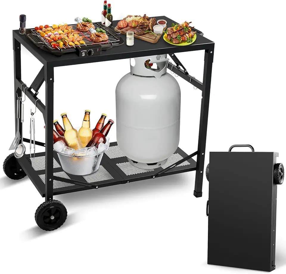 KHAMAL Faltbarer Grillwagen Grilltisch Outdoor - Tragbarer Pizzaofen-Tisch mit Rädern, Beweglicher Essenswagen-Tisch für Draußen, BBQ, Drinnen, Küche