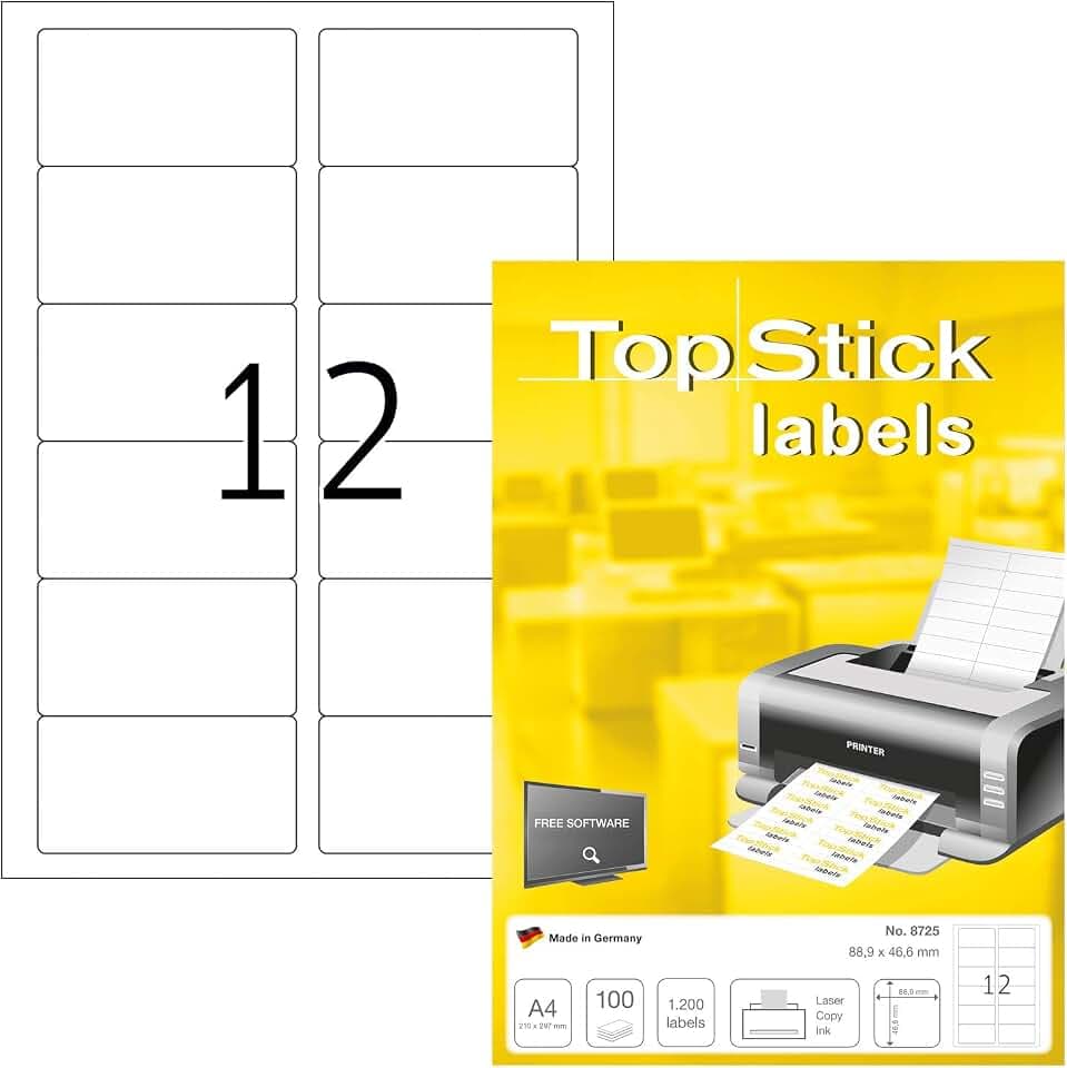TopStick 8725 Adressetiketten, 1000 Blatt, 88,9 x 46,6 mm, 12 pro A4 Bogen, 12000 Stück, selbstklebend, bedruckbar, matt, blanko Papier Adressaufkleber Etiketten, weiß