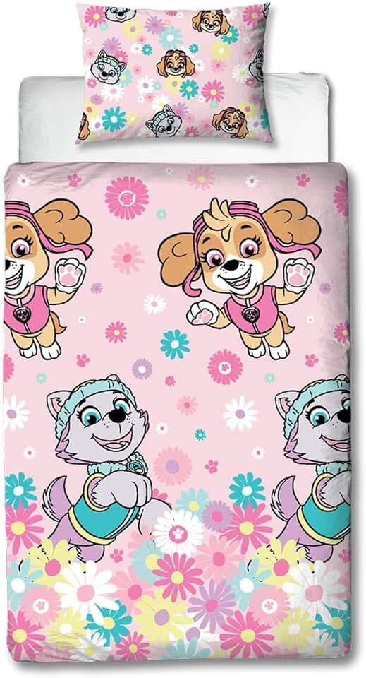 Character World Paw Patrol Offizielles Bettwäsche-Set für Einzelbett, Blumendesign, wendbar, 2-seitig, inklusive passendem Kissenbezug, Einzelbett
