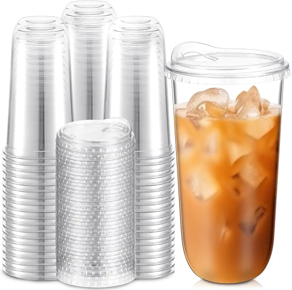 Baderke 100 Pcs Round Bottom Plastic Cups with Lids Clear Togo,20 Oz