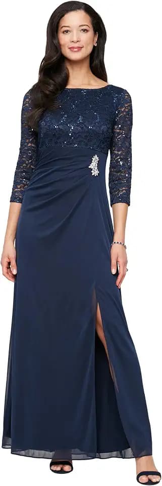 S.L. Fashions Women's Long Mother of the Bride Dress with Stretch Lace Bodice & Hip Embellishment (Petite and Regular Sizes)