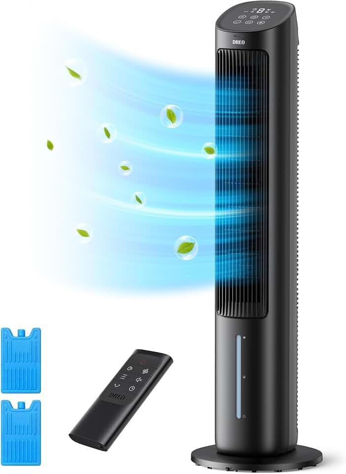 DREO Tower Fan, 40” Fans that Blow Cold Air, 80° Oscillating, Removable Water Tank, Remote Control, 4 Speeds, 7H Timer, Bedroom, Black