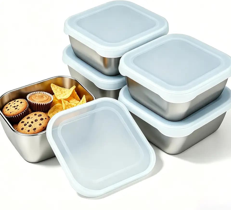 5 Pack 13.53 oz (400 ml) 304 Stainless Steel Snack Container – Leak-Proof, Grill & Oven Safe, Freezer & Dishwasher Safe, BPA-Free Silicone Lid, for Snacks, BBQ, Lunch, Camping, Baking