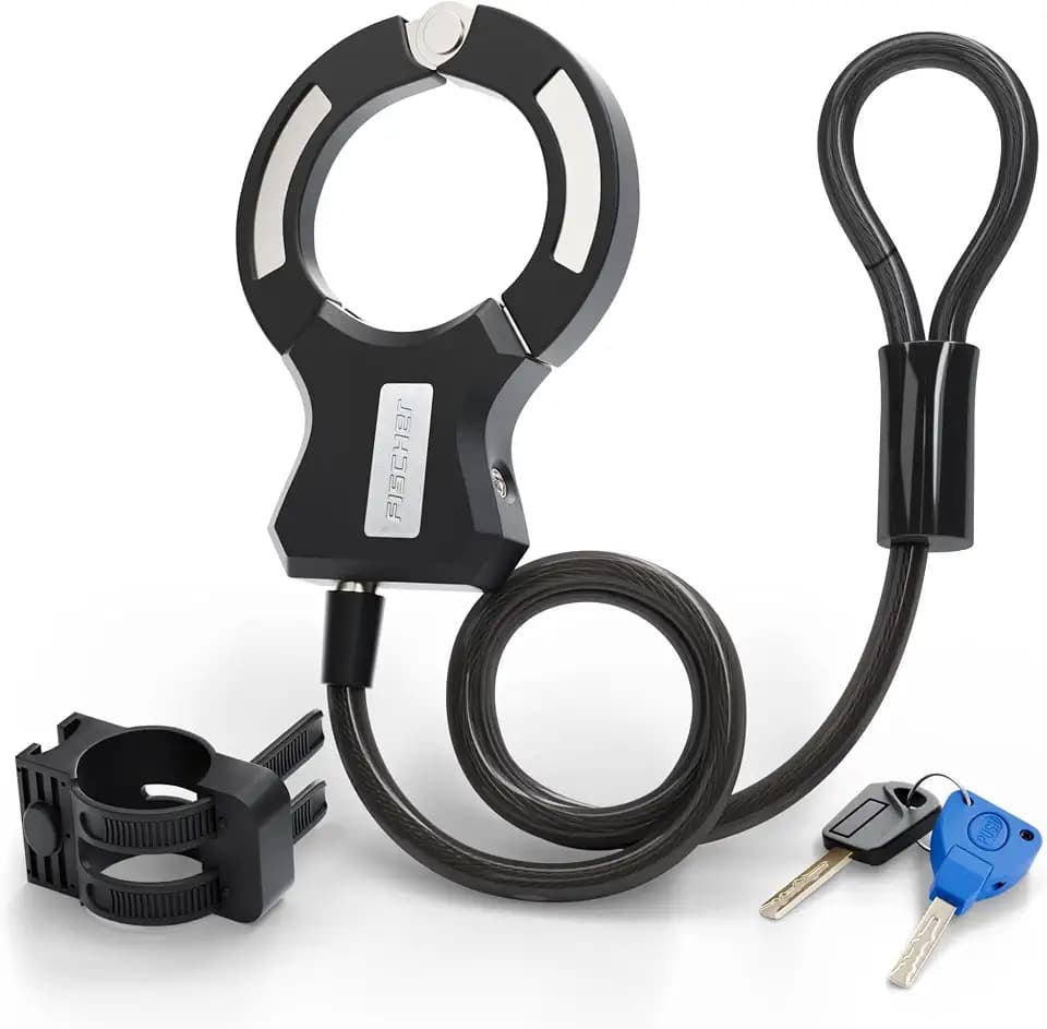 FISCHER E-Scooter Schloss, 120 cm Handschellenschloss mit 10 mm Stahlseil, Sicherheitsstufe 4, robuste 74mm Schelle, 2 Hochsicherheitsschlüssel & Halter inklusive