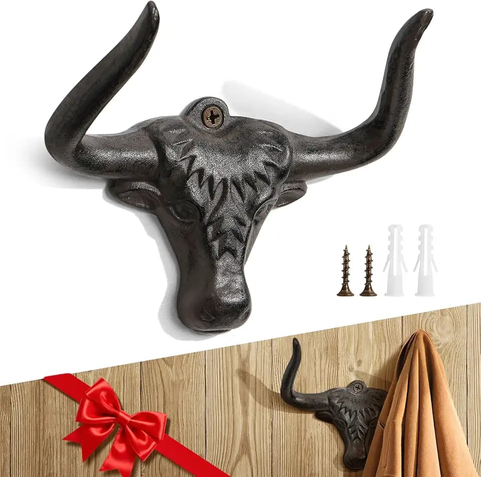 Cast Iron Bull Coat Hook, Western Wall Hook, Western decor, Rust, 2 Pack