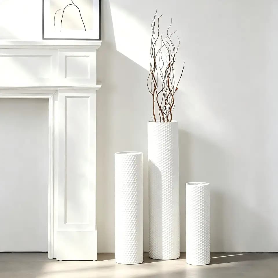 White Tall Floor Vase Set of 3, Metal Cylinder Vases for Corner, 27.6in