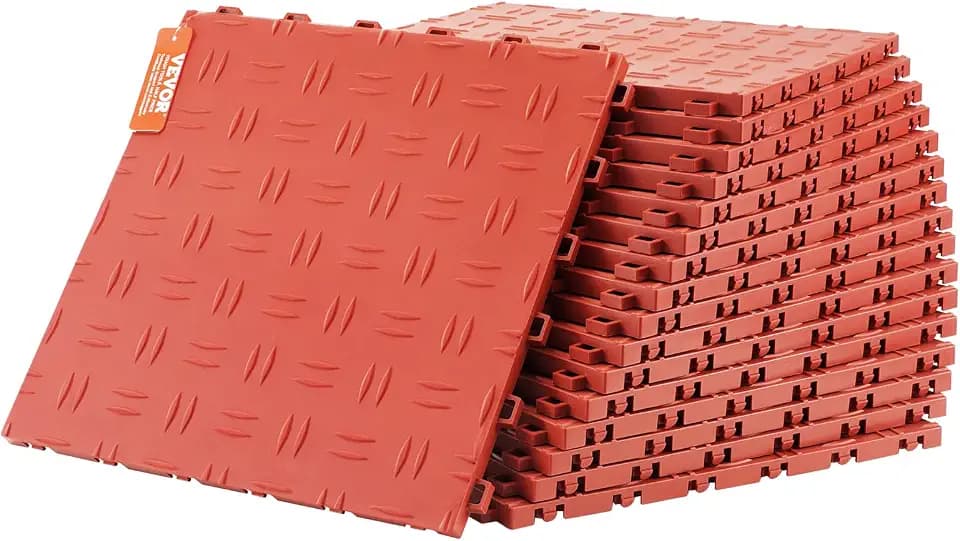 VEVOR Garagenfliesen ineinandergreifend 25 Stück PP Bodenfliesen Garagenboden 305 x 305 x 13,4 mm rutschfeste doppelseitige Textur für Garagen, Keller, Reparaturwerkstätten, Rot