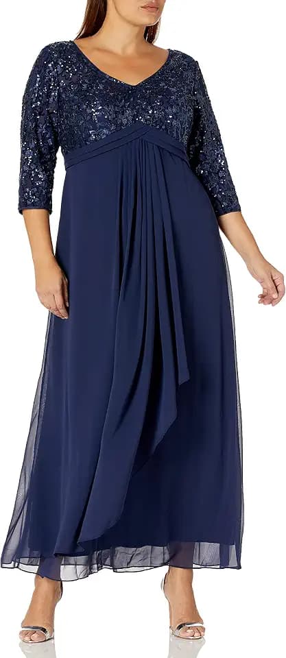 Alex Evenings Womens Long Lace Top Mother of The Bride Dress with Empire Waist (Plus Size)