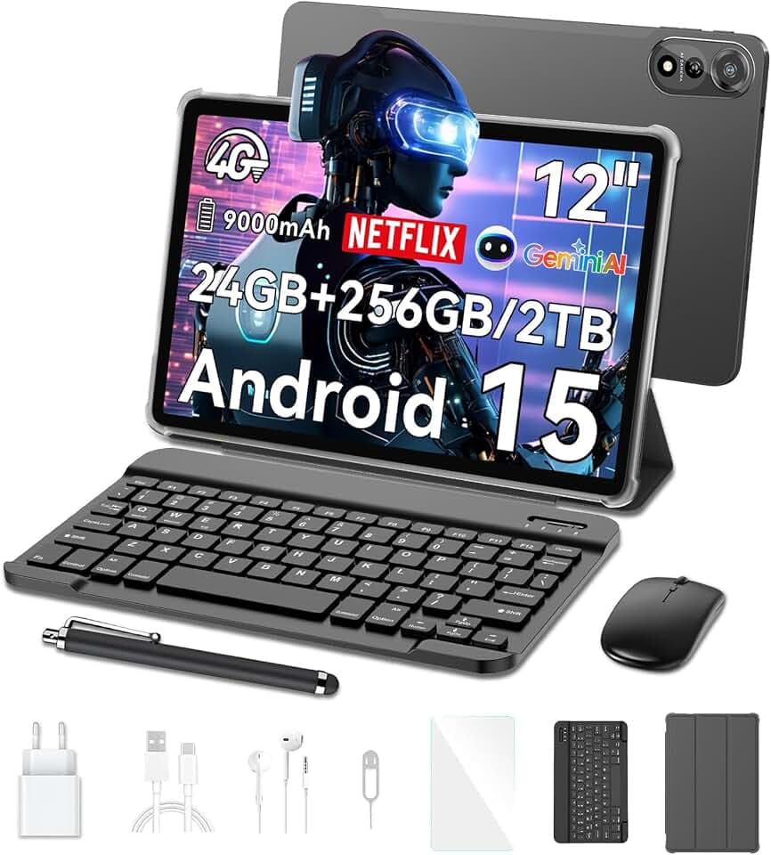 Blackview Mega2 Android 15 Tablet 12 Zoll mit Tastatur, 24GB RAM+256GB ROM, 2K FHD Großes Display Gaming Tablet, Dual 4G LTE+5G WiFi,Octa Core T615, 9000 mAh Akuu, WideVine L1,Dual Kamera,Face ID,GPS