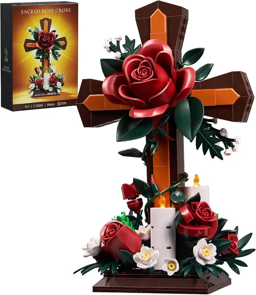 Christian Cross Building Set, Jesus Compatible with Lego Flowers with Red Rose & Candle, Botanicals Religious Faith Decor Ornament, Religious Gift for Women, Vintage Home Fireplace Table (554PCS)