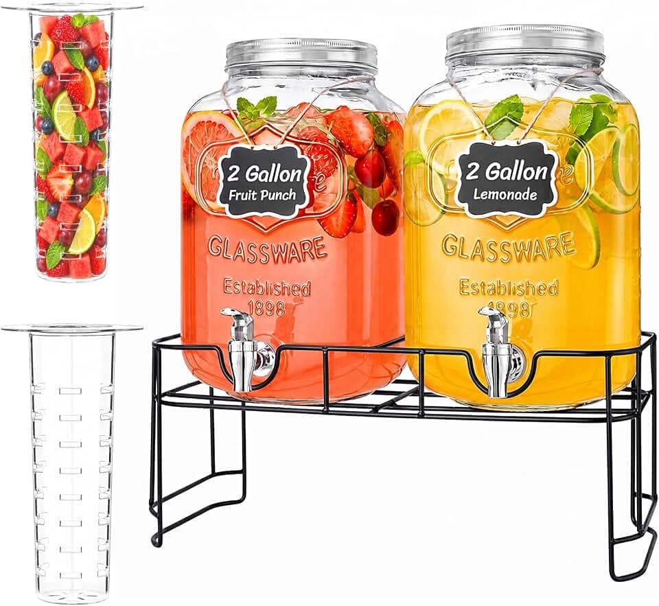 Lifewit 2 Gallon Glass Drink Dispenser with Stand & Fruit Infuser 2 Pcs
