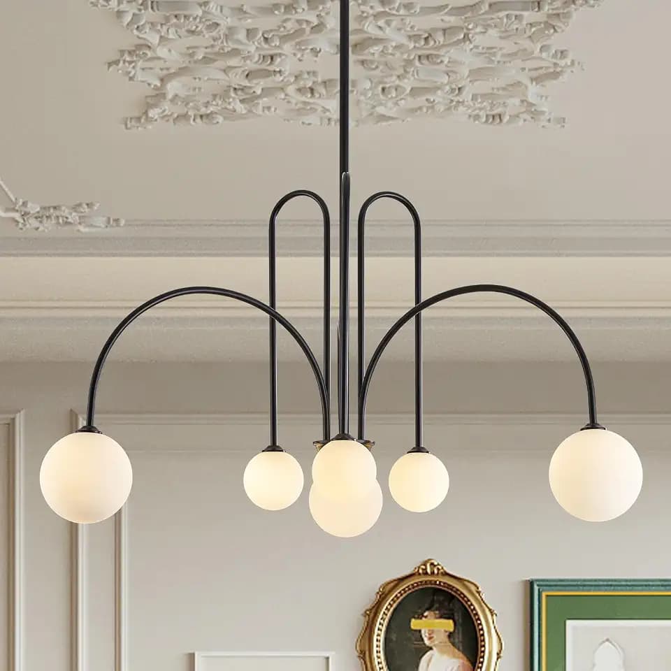 CATINER Modern 40" 6-Light Black Sputnik Chandelier with Milk Glass Globe