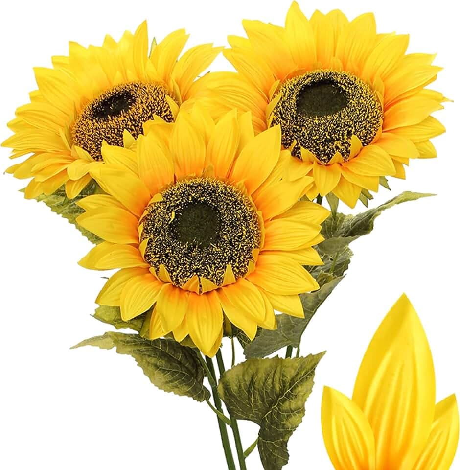 Briful Künstliche Sonnenblumen Groß Kunstblumen Dekorative Seidenblumen Kunstpflanzen Sunflowers für Hochzeit Party Tischdeko Dekoration 3 Stücke