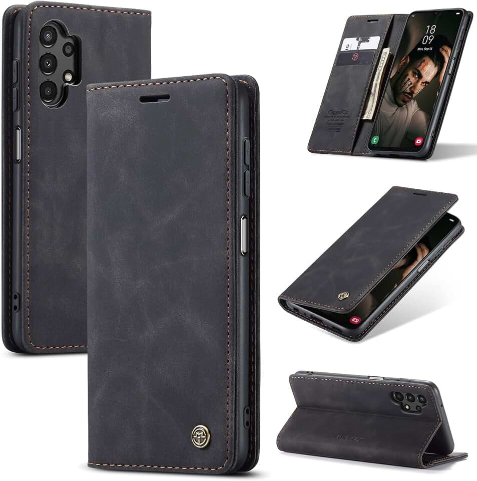 Handyhülle für Samsung Galaxy A13 4G/5G/A04s Hülle, Premium Lederhülle Weiches Vintage-Nubukleder Faltbare Ständer Klapphülle Kartenfach Standfunktion Schutzhülle für Samsung A13/A04s-Schwarz