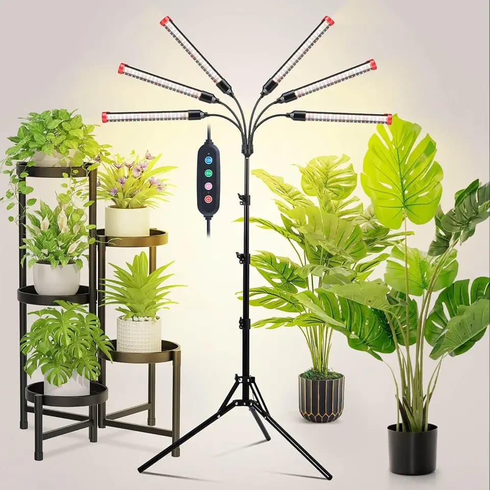54W LED Pflanzenlampe Vollspektrum, Pflanzenlampe mit 4/8/12H Timer, 6-Kopf Pflanzenlicht mit Verstellbarem Stativ-Ständer, Wachstumslampe für Saatgut, Setzlinge und Pflanzenwachstum