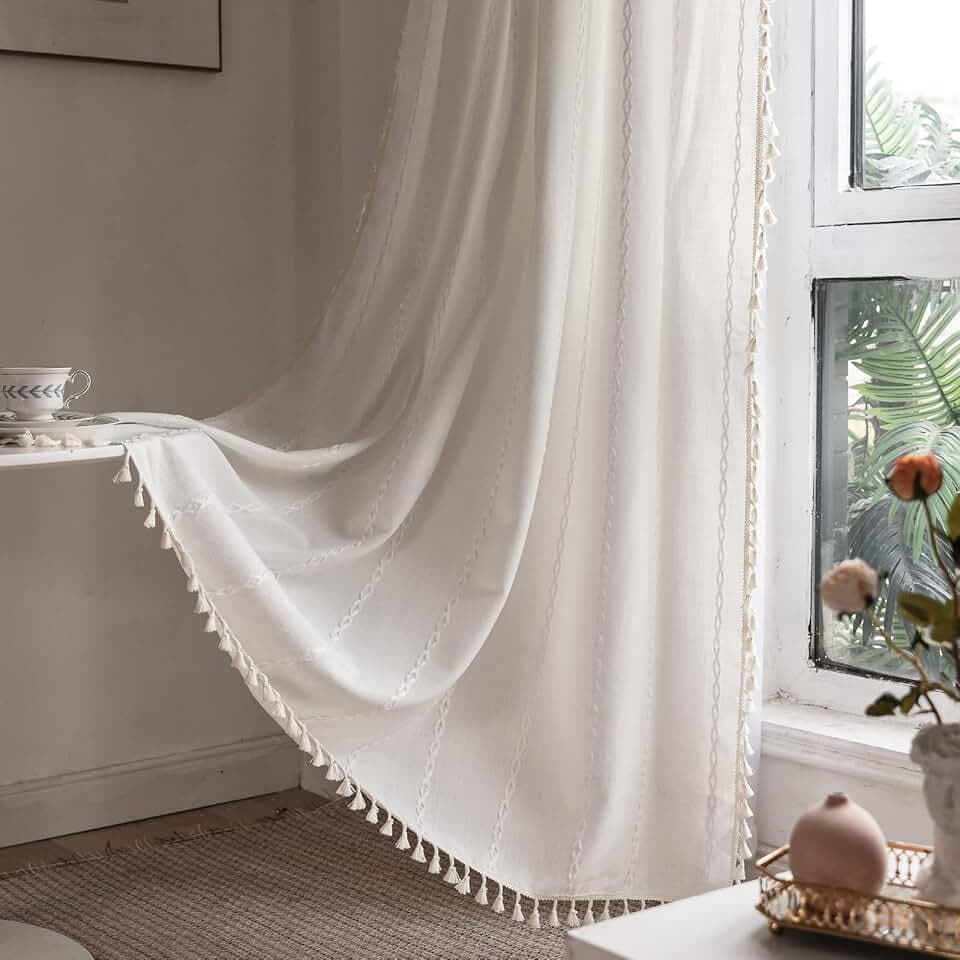 RoomTalks White Boho Farmhouse Curtains for Bedroom Living Room 84 Inch Length French Country Cute Polyester Window Curtain Panels Embroidery Striped Bohemian Chic Tassel Draperies, 84’’L x 52’’W