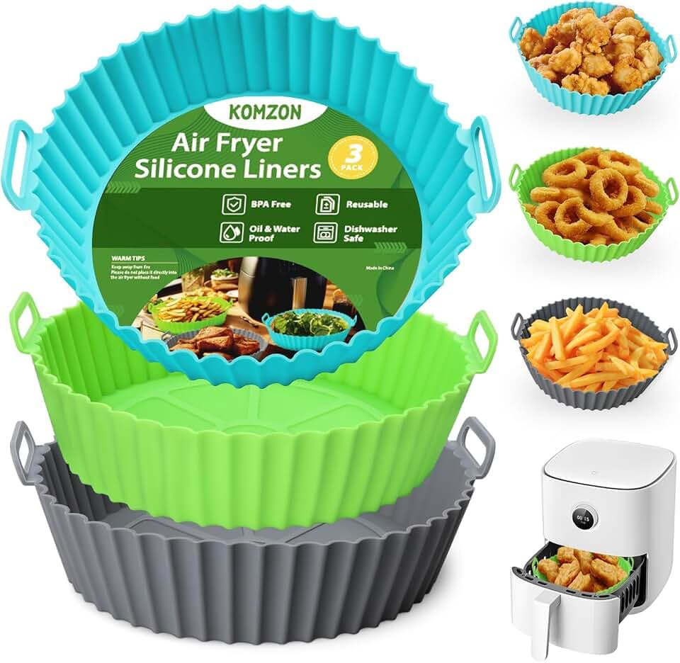 Komzon 3 Pack Air Fryer Silicone Liners, 8Inch Airfryer Liners, AirFryer Basket Liner, Reusable Food Grade Air Fryers Basket Pots Oven Liner Baking Tray, Air Fryer Silicone Mat Accessories Kitchen