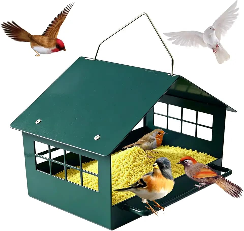 All-Metal Platform Bird Feeder, Dark Green Hanging Feeder