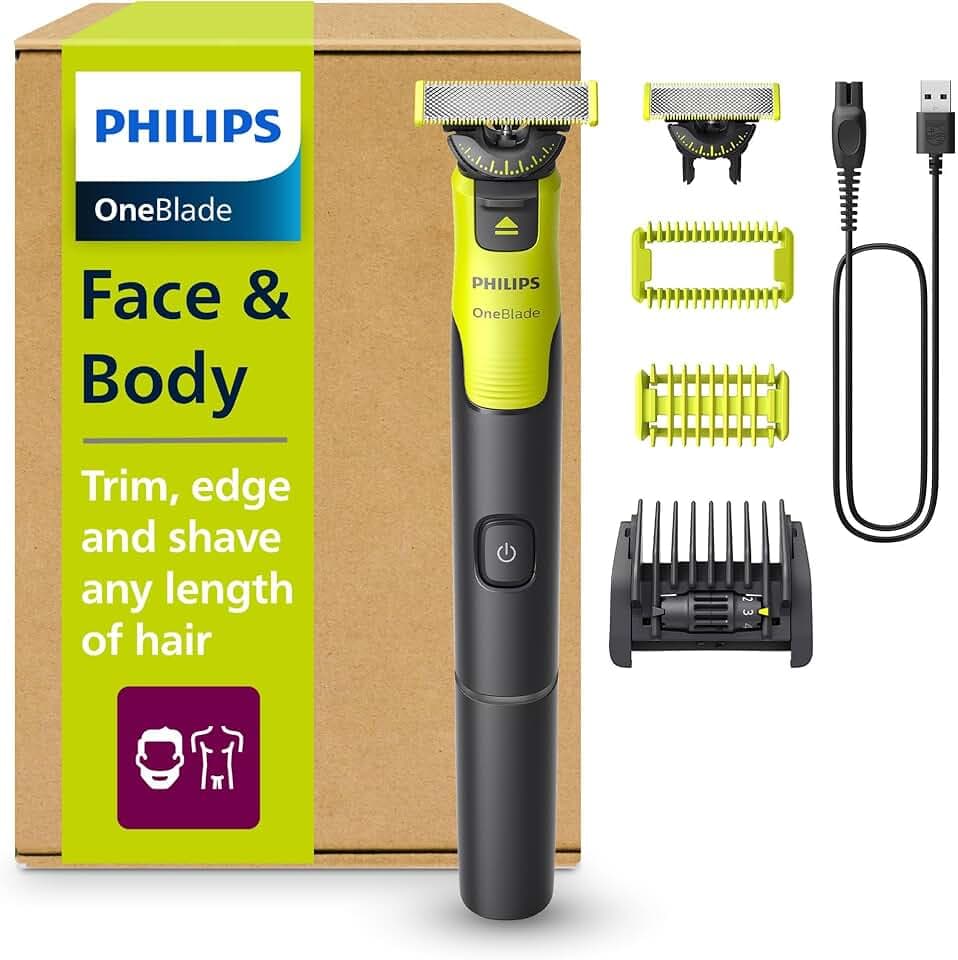 PHILIPS OneBlade 360 Face & Body mit App-Anbindung - elektrischer Rasierer, Trimmer & Bodygroomer, 2x 360 Klingen, verstellbarer Trimmaufsatz, 2x Körperaufsätze, für Gesicht & Körper (QP4631/30)