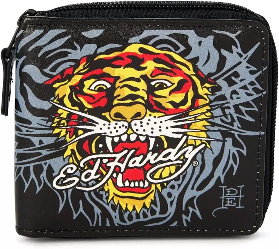 ED HARDY Tiger Print Logo Zip Around Bifold Wallet (Black)
