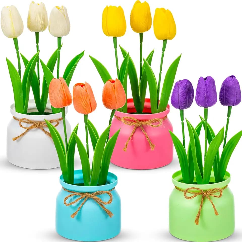 Suncalla 4 Pack Artificial Pot Tulips Small Fake Plants with Macaron Flowerpot Mini Faux Multicolor Potted Tulip Flowers Spring Table Centerpiece Indoor for Home Office Easter Wedding Party