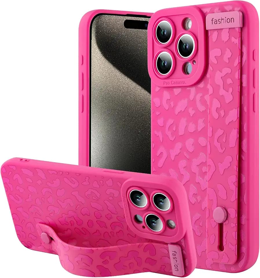 OOK Compatible with iPhone 15 Pro Max Case with Strap Stand,Hotpink Leopard
