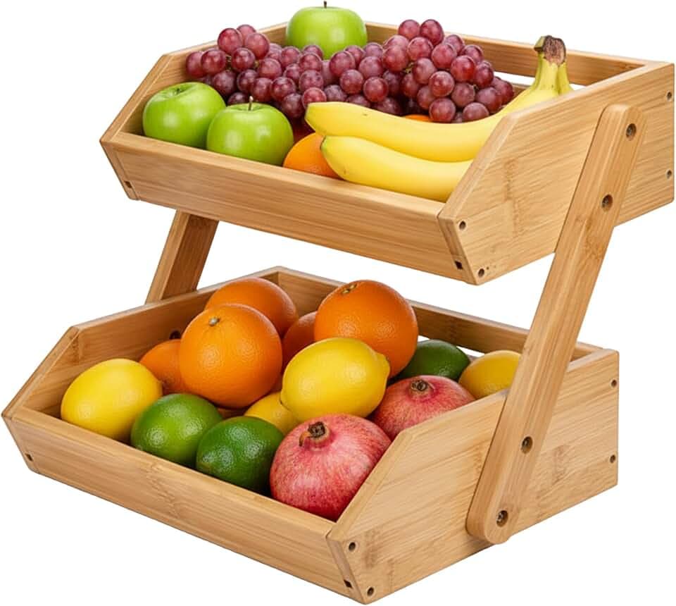 Relaxdays Obst Etagere Bambus, 2 Etagen, HBT 26,5x30x25 cm, Korbetagere, Obst, Gemüse & Gebäck, Obstschale Küche, Natur