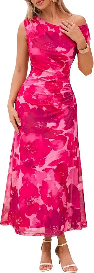 Simplee Summer One Shoulder Wedding Guest Dresses for Women 2026 Floral Mesh Ruched Maxi Cocktail Midi Bodycon Dress