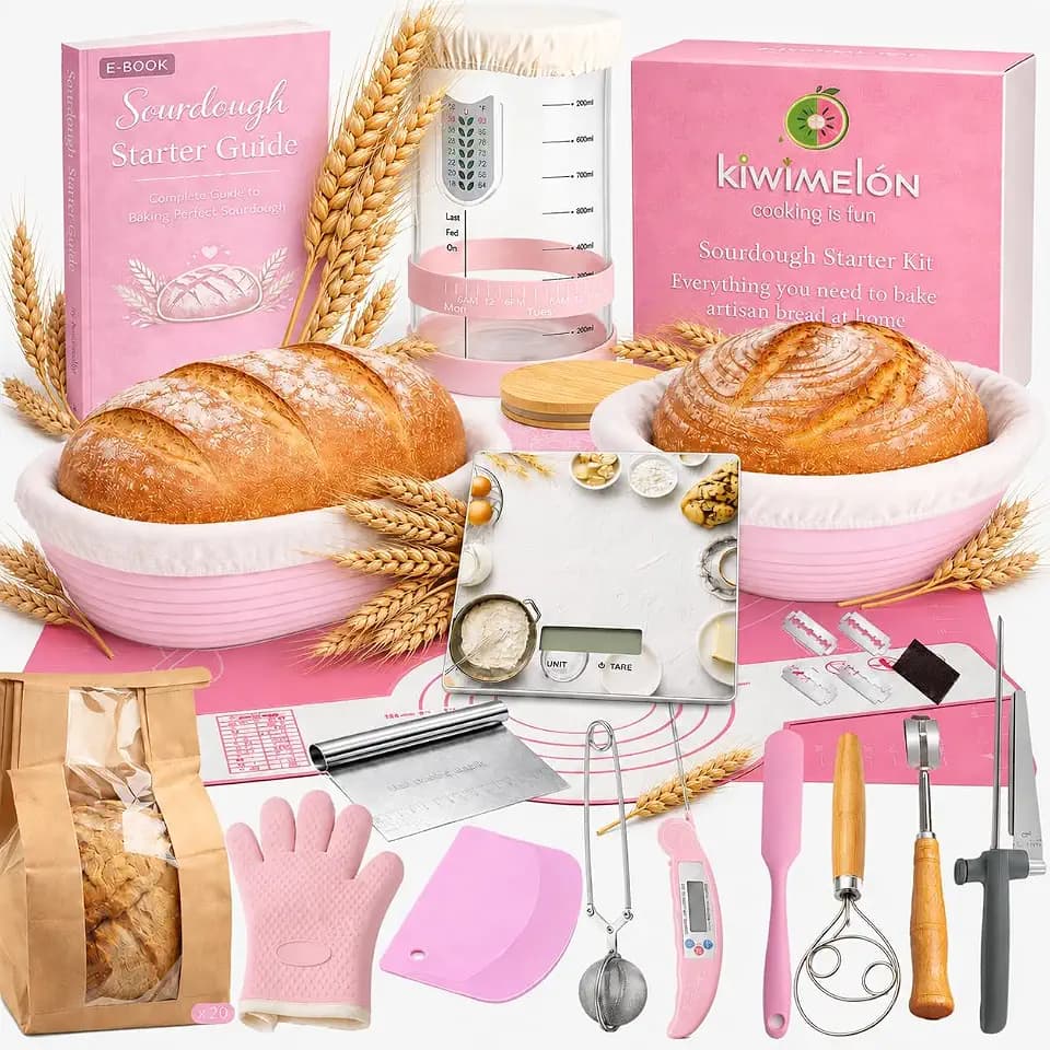 Pink Sourdough Starter Kit with Scale, 48-Piece Bread Baking Set for Beginners, 41 oz Glass Jar, Round & Oval Silicone Banneton Proofing Baskets, Bread Lame & Tools