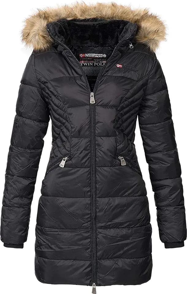 Geographical Norway Abeille - Damen großer Parka - Warmer Wintermantel - Lange Ärmel und Kragen aus Kunstfell - winterjacke winterparka (Schwarz XL)