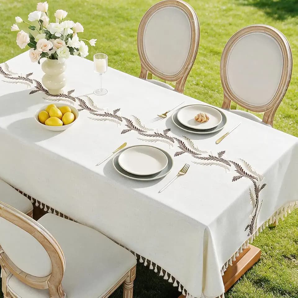 JIALE Tablecloths for Rectangle Tables, Cotton Linen Table Cloth Waterproof Tablecloth Wrinkle Free Farmhouse Dining Tables Cover, Soft Fabric Table Cloths with Tassels, Beige, 55" X 70", 4-6 Seats