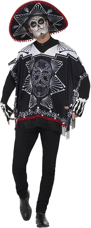 Smiffys Tag der Toten Bandit Kostüm Schwarz Weiß mit Poncho Sombrero Handschuhe Mexikanischer Tag der Toten Zucker Verkleidung Halloween Dress Up Kostüme