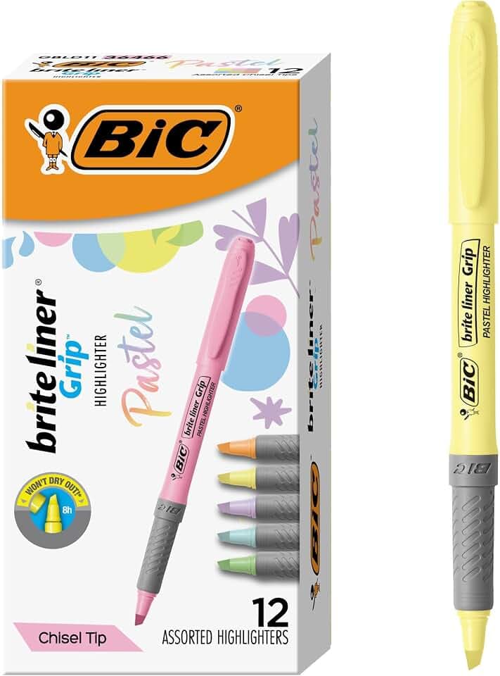 BIC Brite Liner Grip Pastel Highlighter Set, Chisel Tip, 12-Count