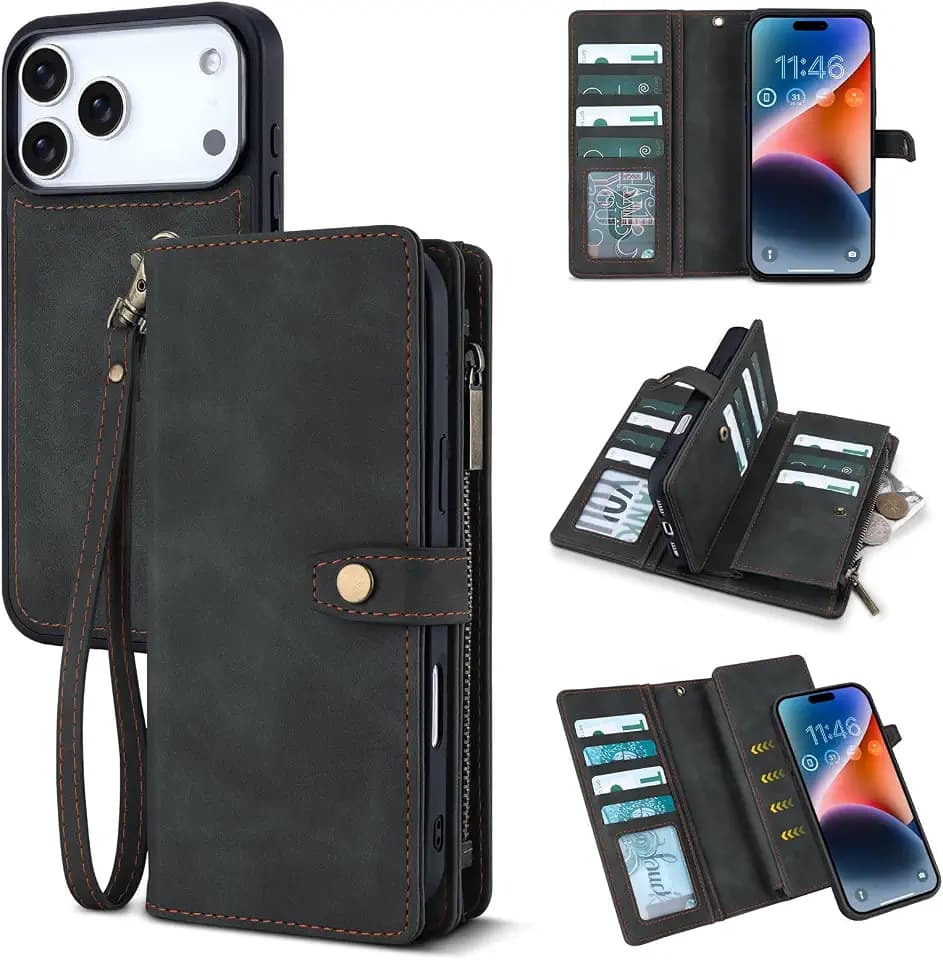 TwoHead Wallet Case for iPhone 18 Pro Max/17 Pro Max,11 Card Slots,Black