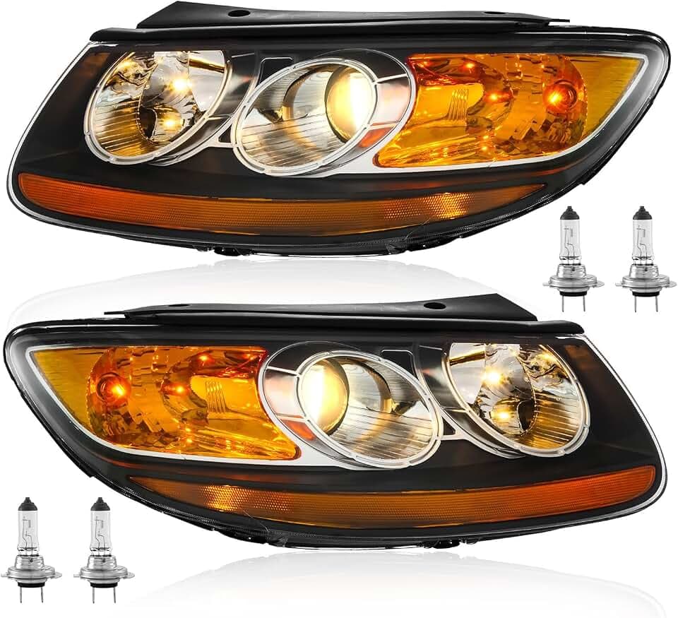 TODO Headlights Assembly Pair For 2007 2008 2009 2010 2011 2012 Hyundai Santa Fe 6 Pin Headlamp Replacement with Bulbs, Passenger and Driver Side