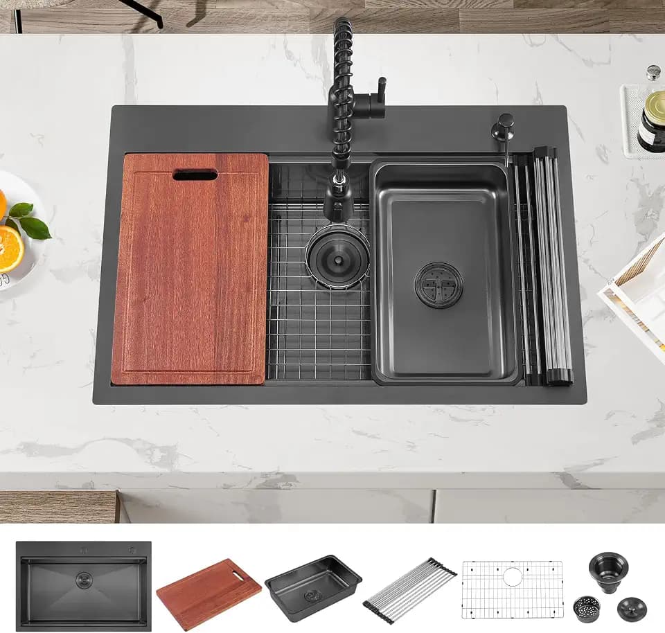 ATTOP 33 Inch Black Large Single Bowl Drop in Workstation Kitchen Sink