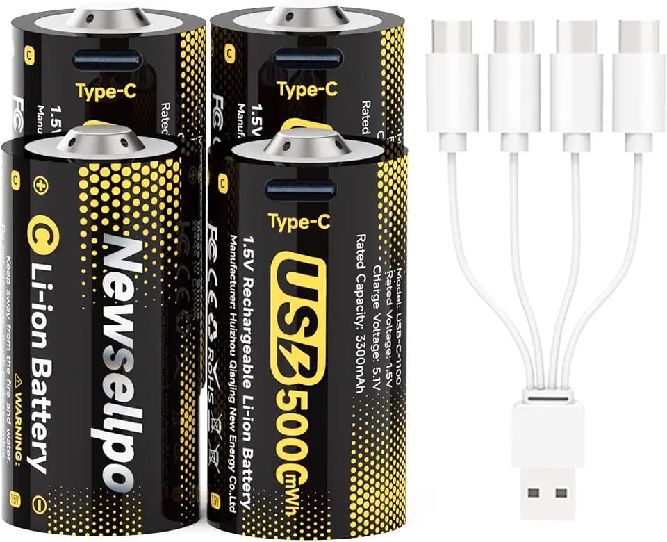 Rechargeable C Batteries 4 Pack, 1.5V LR14 5000mWh USB-C Lithium Batteries