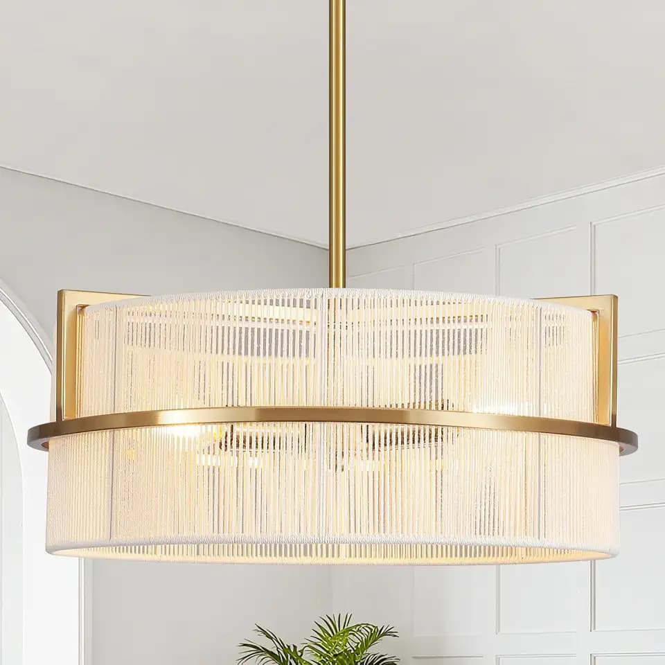 15.7" Modern Boho Drum Chandelier Ceiling Light Fixture, 3-Light Pendant Light with Hand-Woven Rope Shade, Adjustable Gold Metal Frame Chandelier for Kitchen Island Dining Room Bedroom Foyer Entryway