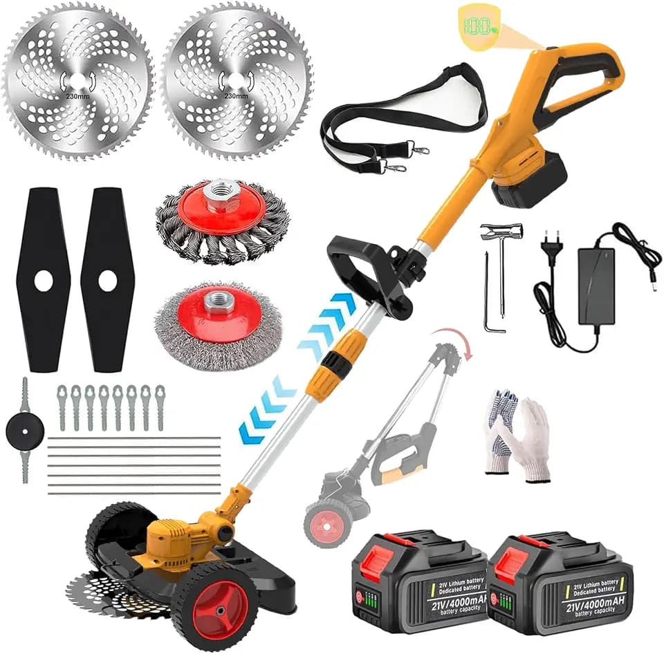 Cordless Weed Wacker with Wheels, 5-in-1 Electric String Trimmer, Battery Powered Weed Eater with 2 Batteries, Foldable Height Adjustable Lightweight Edger Lawn Tool for Garden Yard Lawn Care