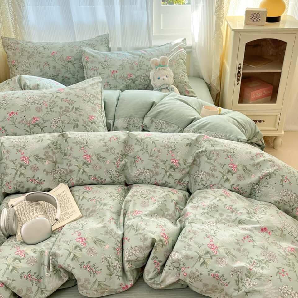 Freyamy Blumen Bettwäsche 135x200 Rosa Grün Floral Pflanzen Bettwäsche Set