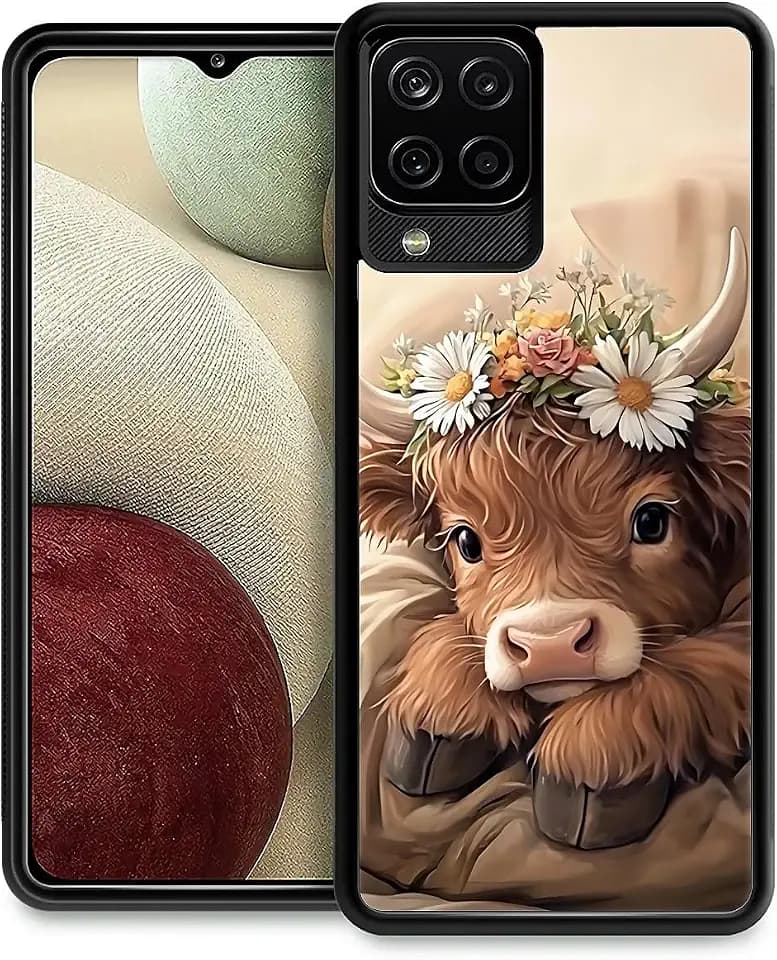 Compatible with Samsung Galaxy A12 4G Case, Shockproof Protective for Man Women Non-Slip for Samsung Galaxy A12 4G Crazy Pattern Brown Highland Cow Cute Sleeping