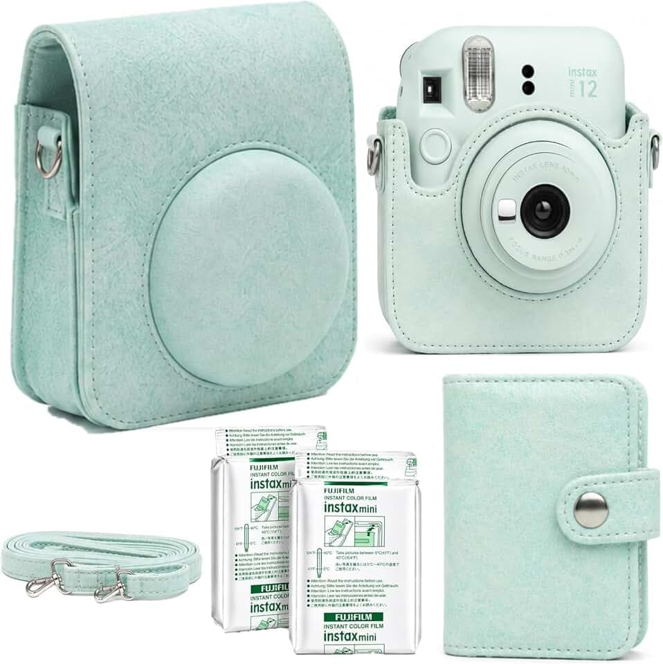 Mini 12 Sofortbildkamera Starter Kit für Fuji Instax Mini 12 Mintgrün Inklusive Mini Sofortbildfilm 20 Fotos, passende Farbe PU Ledertasche für Instax Mini 12 Grün & 64 Pocket Mini Fotobuch Album
