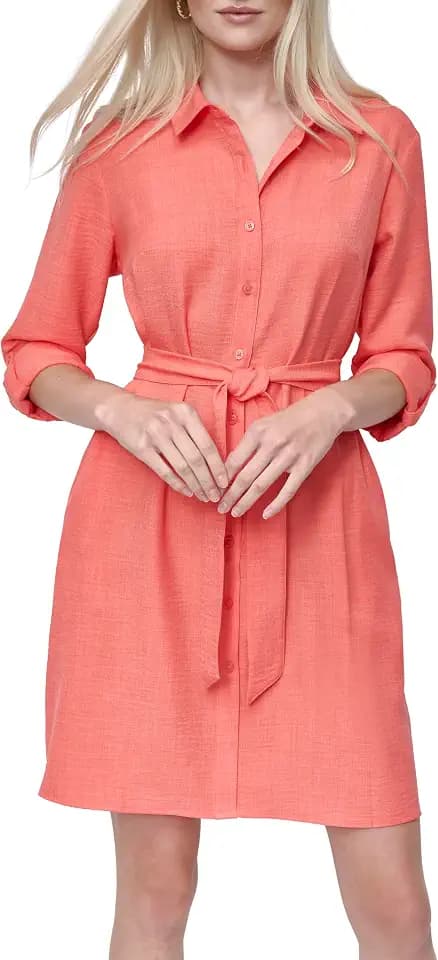 DKNY Women's Long Sleeve Collared Tie Fit & Flare Mini Dress