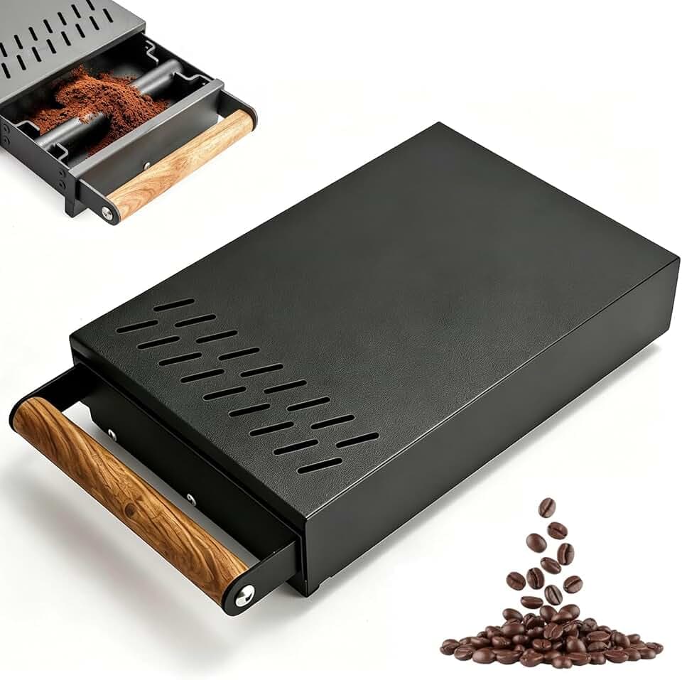 Sudschublade, Abklopfschublade für Siebträger mit Echtholzgriff, Knockbox aus Edelstahl mit Rutschfester Bodenmatte & Gummierter Geräuschdämpfender Abklopfstange, Ideal für Küche, Büro & Café
