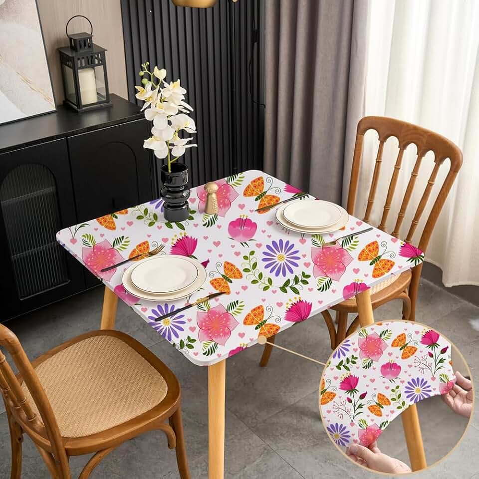 Spring Floral Outdoor Small Square Tablecloth 38x38 Inch Fitted Table Cloth with Elastic Stretchy Washable Fabric Coffee Table Cover Wrinkle Free Non Slip Daisy Butterfly